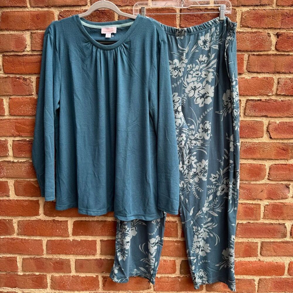 Stan Herman Long Sleeve Top & Floral Pant 2Pc Pajama Set teal Blue petite 1X NE